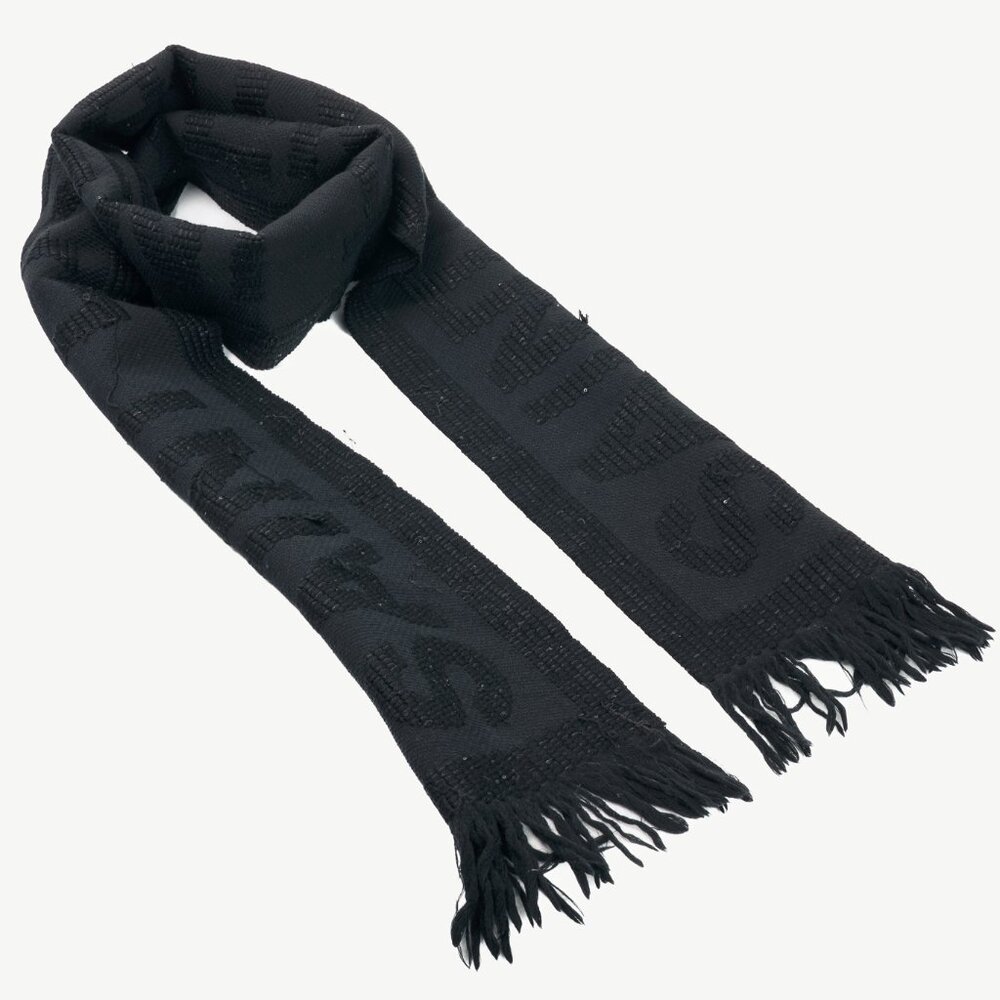 Saint Laurent Black Wool Sequined Logo-Jacquard Fringe Scarf